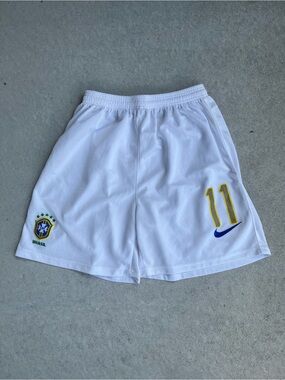 Nike White Brazil Football Shorts with Yellow Accents